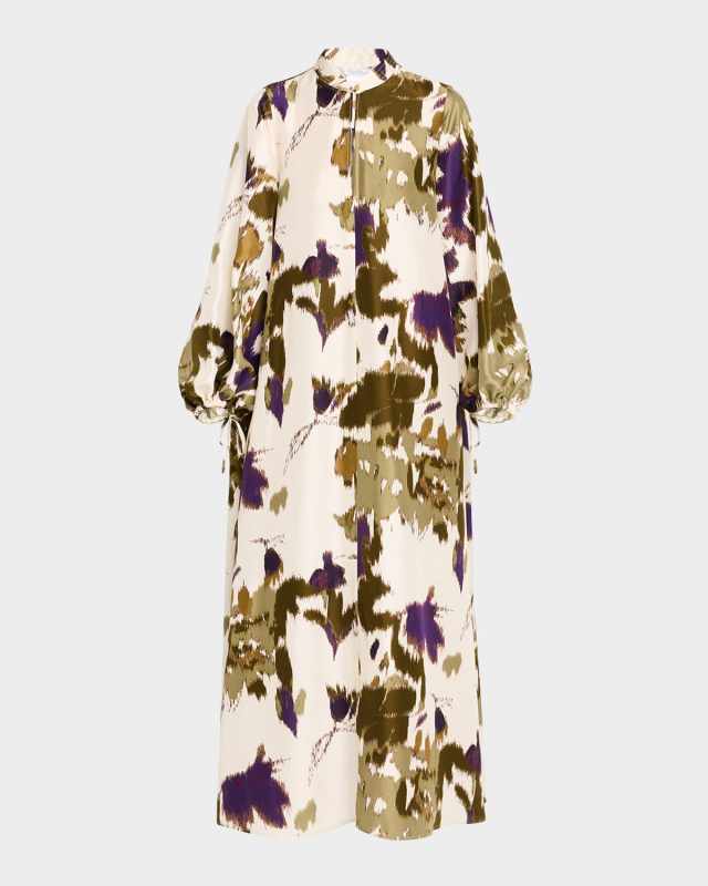 Maesa Printed Long-Sleeve Silk Maxi Shirtdress